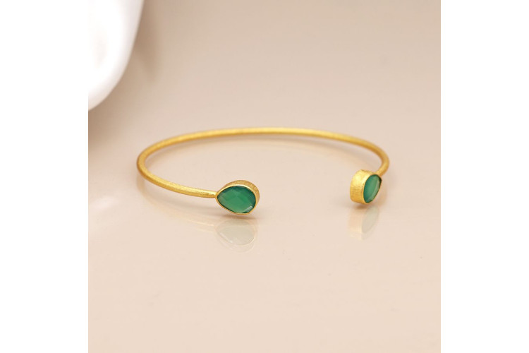14K Gold Plated Green Onyx Teardrop Bangle