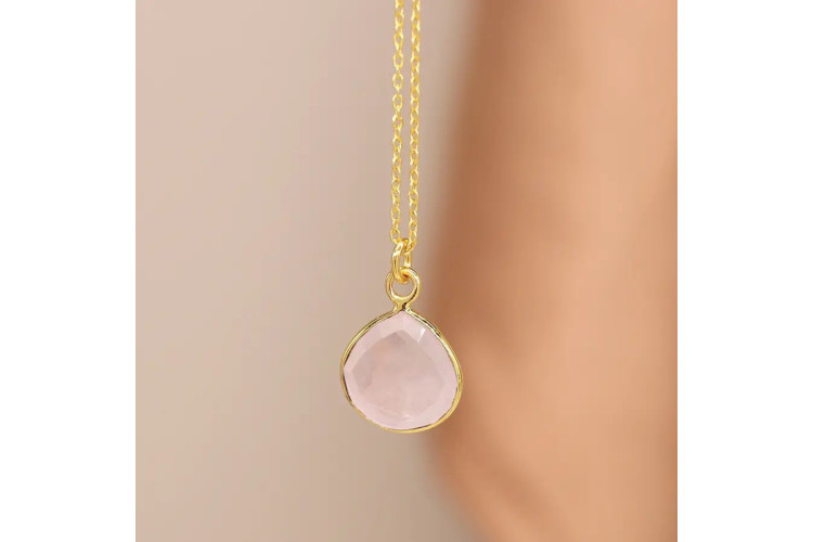 14k Gold Plated Rose Quartz Teardrop Necklace