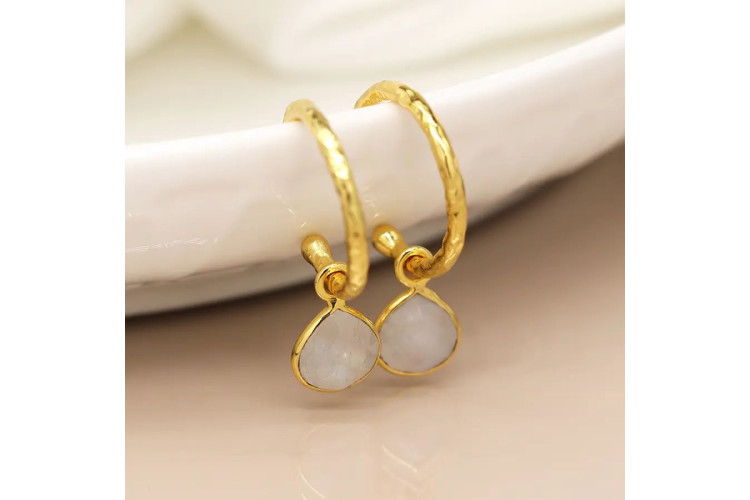 14k Gold Plated Textured Hoop Moonstone Drop Earrings