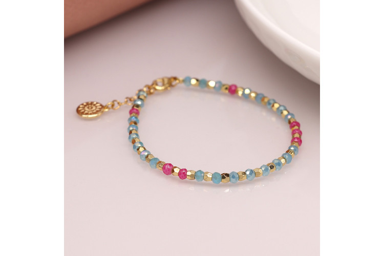 Aqua pink and gold faceted bead bracelet
