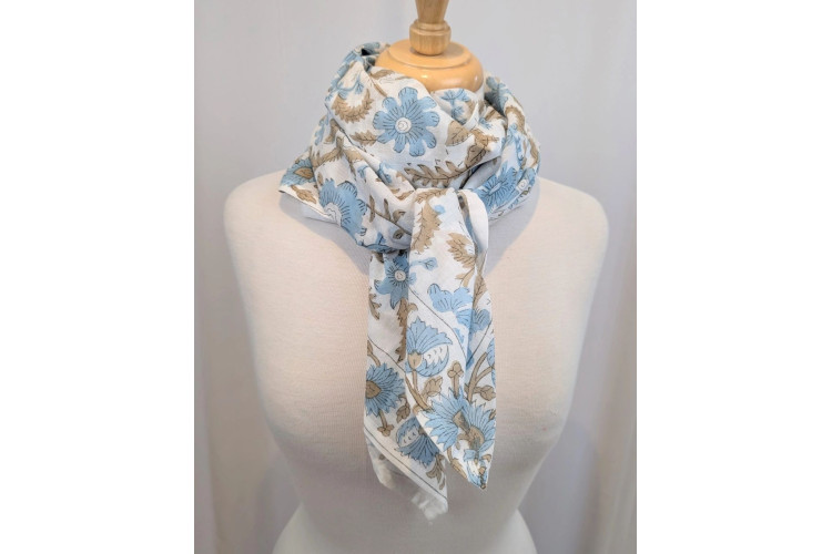 Baby Blue & White Block Print Oversized Bandana Square Scarf