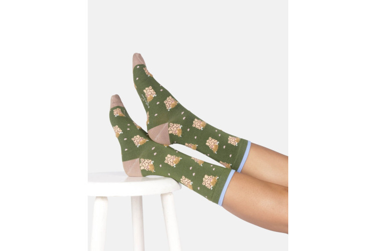 Bamboo socks UK 4 -7 Highland Cow in Olive Green