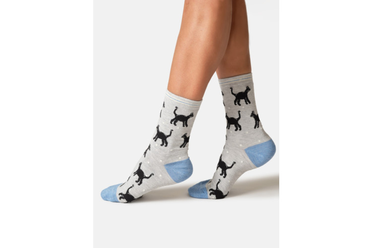Bamboo socks UK 4 -7 Siberian Black Cat on Grey Marle