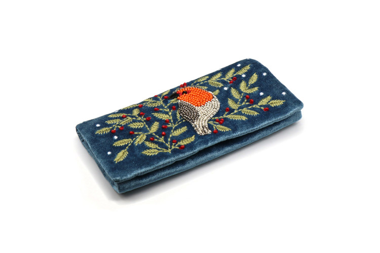 Blue velvet robin and embroidered holly jewellery roll