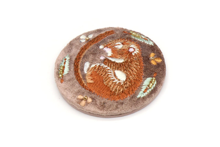 Sleeping Dormouse Embroidered Velvet Compact Mirror