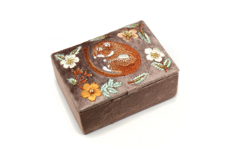 Buff Sleeping Dormouse Embroidered Velvet Jewellery Box