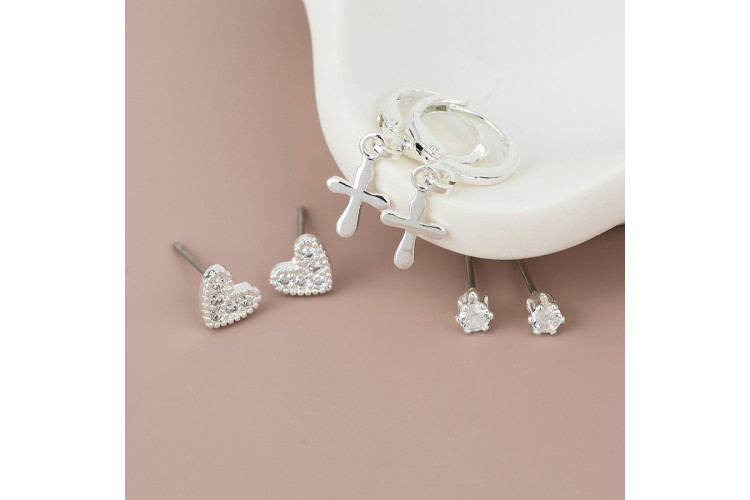 Christie silver plated cross hoops and heart stud earring set