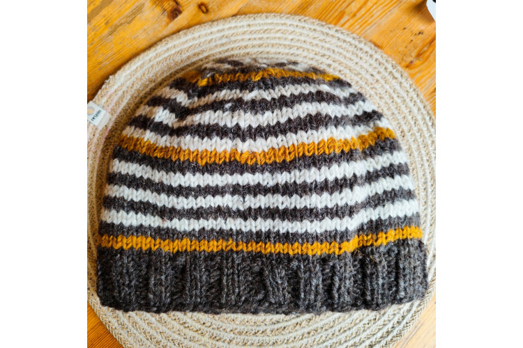 Cream and Mustard striped Beanie Hat