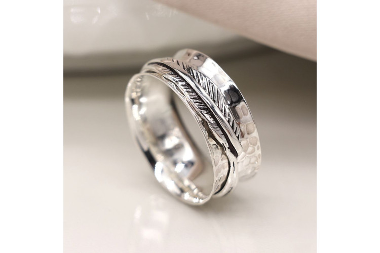 Fine Band Sterling Silver Feather Spinning Ring
