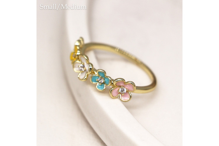 Gold plated mixed enamel and crystal flowers ring
