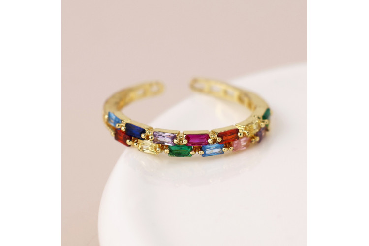 Gold plated open band rainbow crystal ring.