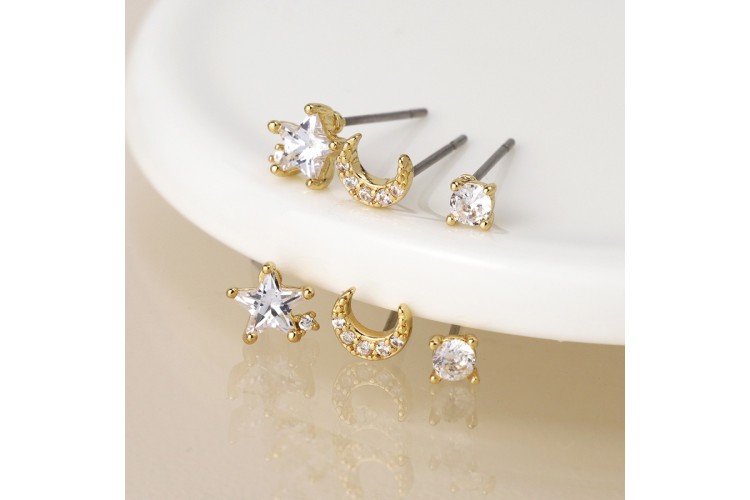 Golden triple star, moon and crystal stud earring set