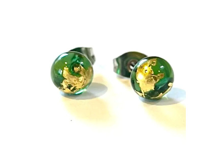 Green and Gold Recycled Whisky Bottle Studs by Helen Chalmers