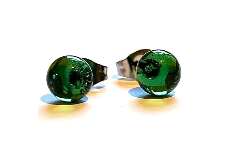 Clear Green Recycled Whisky Bottle Earring by Helen Chalmers