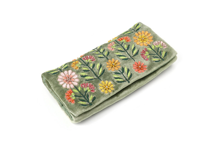 Green Velvet Floral Jewellery Roll