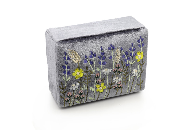 Grey Velvet Embroidered Lavender Jewellery Box
