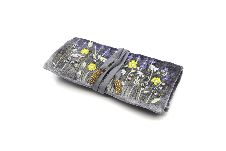 Grey velvet embroidered lavender jewellery roll