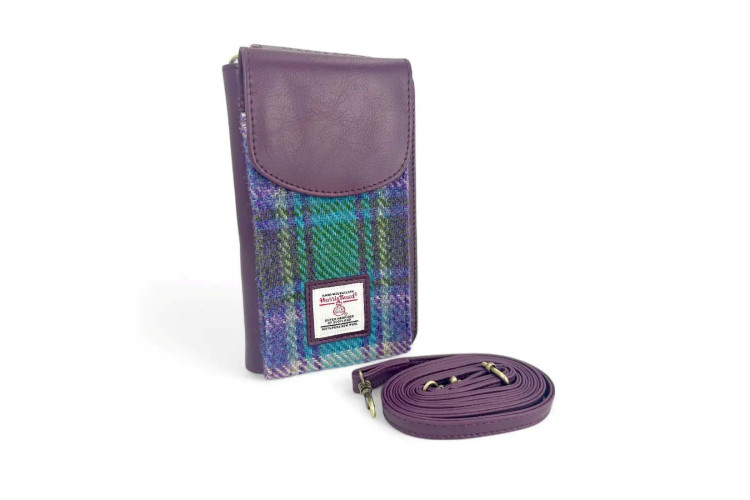 Harris Tweed Phone Purse Bag, Green & Purple Plaid