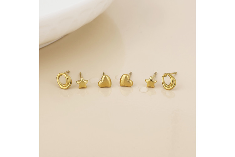 Icons Gold Plated Star, Heart, Swirl Stud Earrings Set