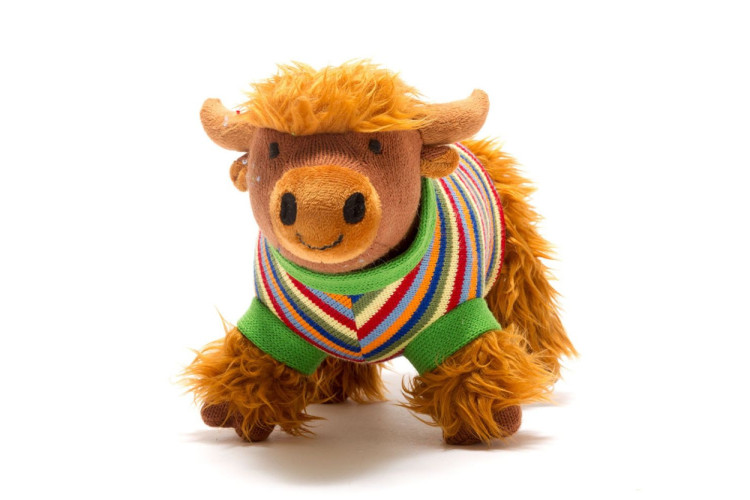 Knitted Highland Cow Soft Toy in Stripe Jumper