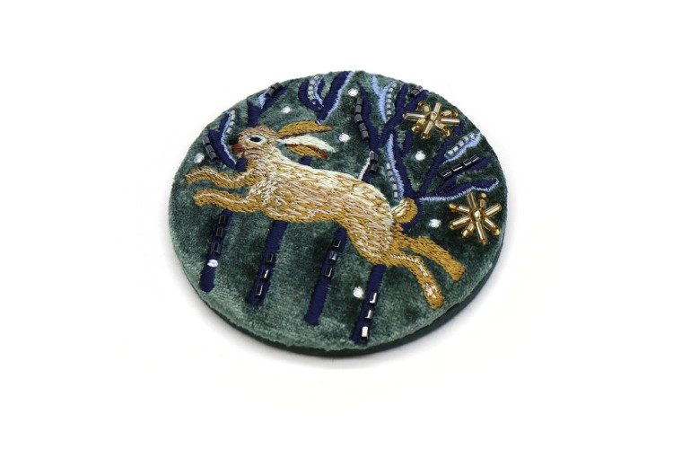 Velvet Embroidered Leaping Hare Compact Mirror