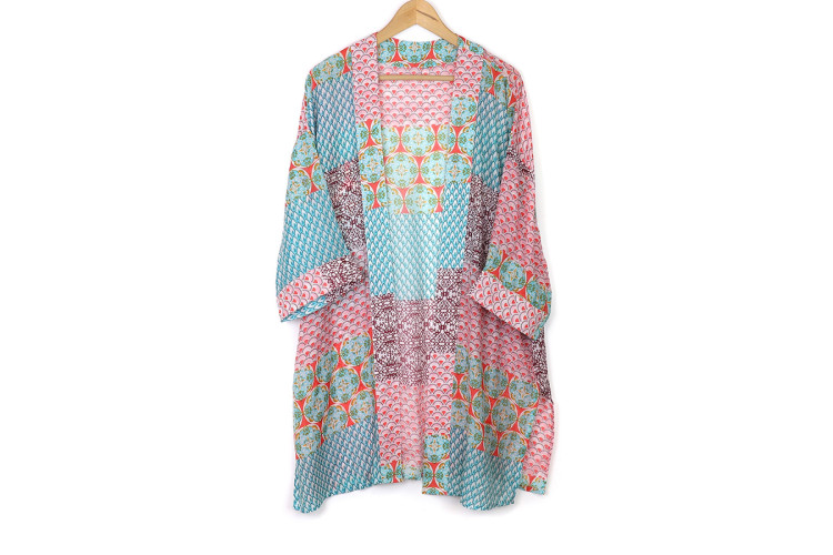 Long multi print kimono in red and blue