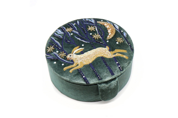 Midnight Green Leaping Hare Embroidered Velvet Jewellery Box 