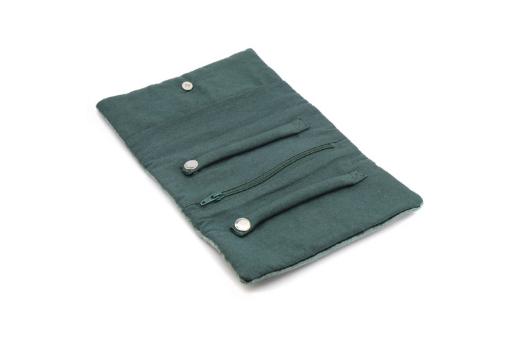 Midnight green leaping hare embroidered velvet jewellery roll