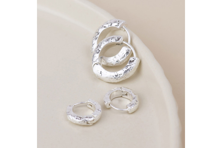 Molten Silver Plated Worn Textured Huggie Hoop Duo