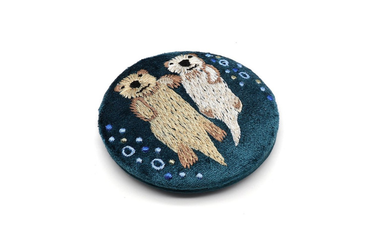 Velvet Embroidered Otters Compact Mirror