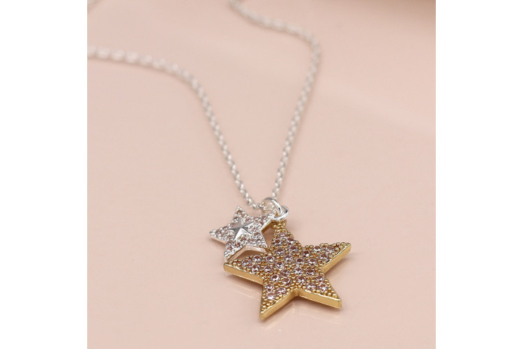 Peace Of Mind Faux gold and silver plated double crystal inset star necklace