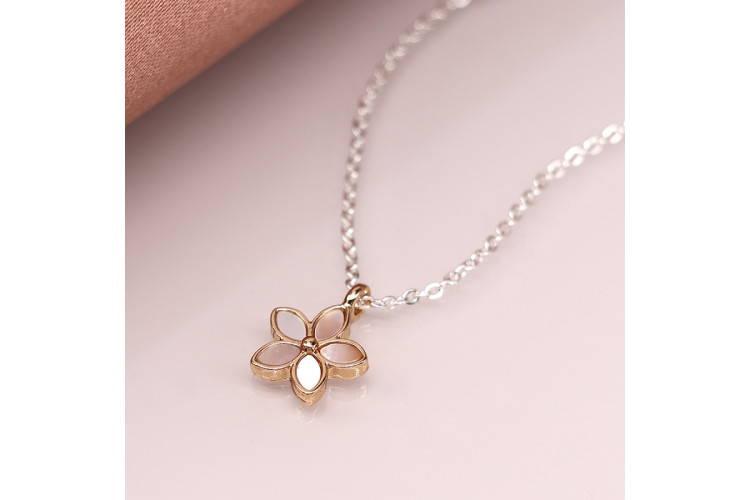 Peace Of Mind Golden shell inset flower pendant on silver plated chain