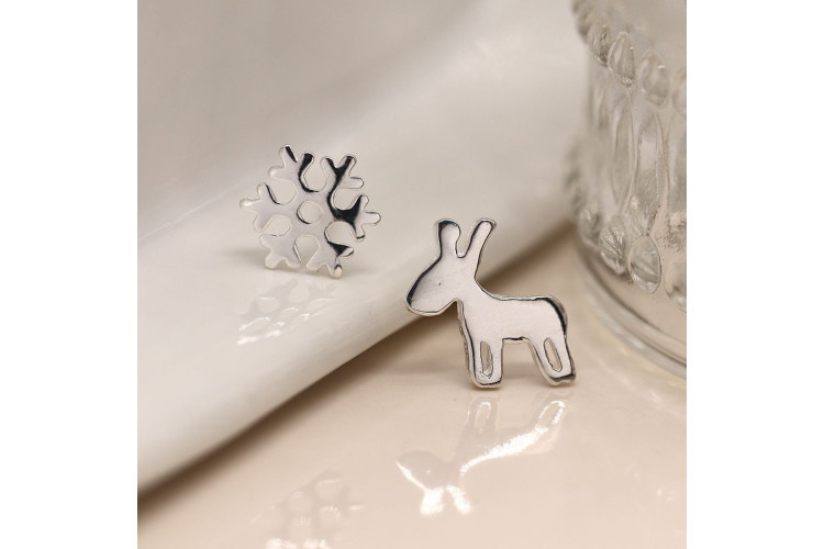 Peace of Mind Sterling silver reindeer and snowflake earrings