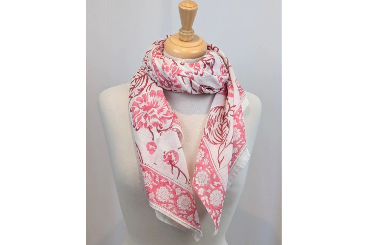 Pink & White Block Print Oversized Bandana Square Scarf