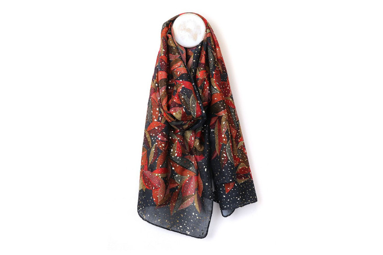 Pom Navy And Red Mix Leaf Print Recycled Polyester Scarf with Foil Overlay