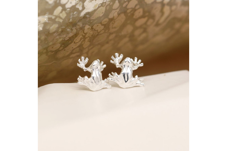 Pom Hand crafted sterling silver dainty tree frog stud earrings