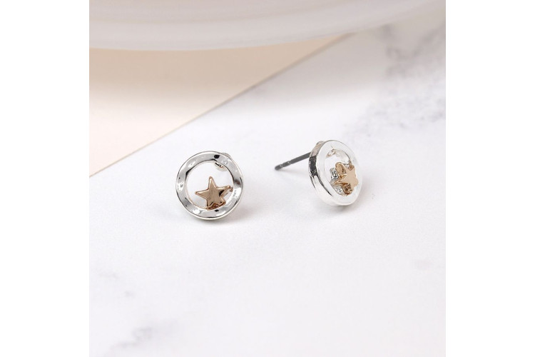 Pom Silver Plated Beaten Disc Rose Gold Star Earrings