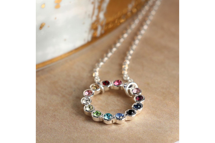 Pom Silver Plated Circle and Rainbow Crystals Necklace