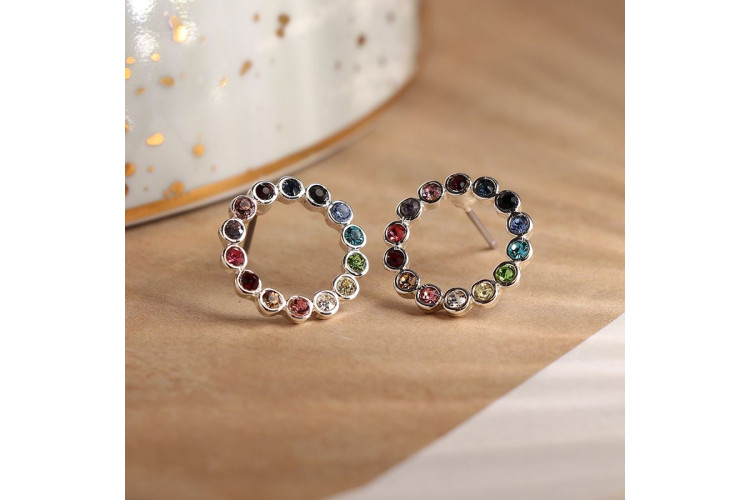 Pom Silver Plated Rainbow Crystal Circle stud earrings