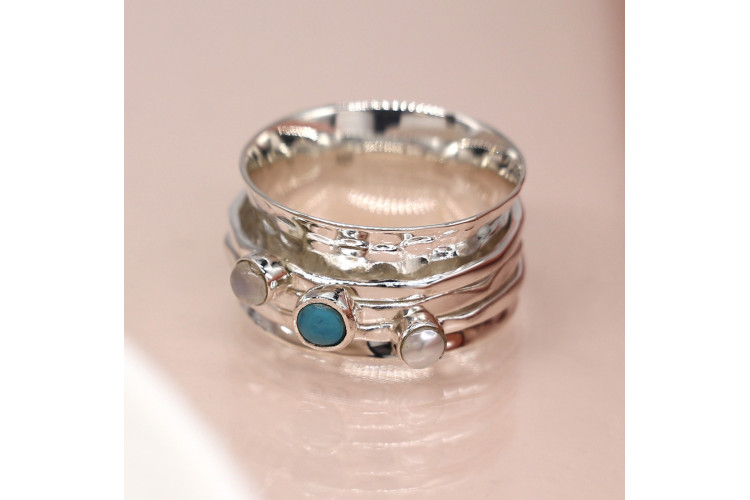 POM Sterling silver pearl, moonstone and turq spinning ring