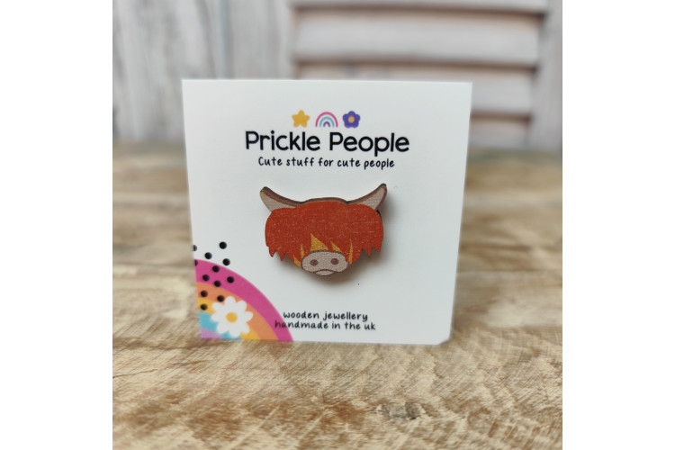 Prickle People Mini Wooden Highland Cow Brooch Pin
