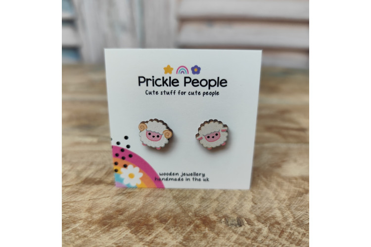 Prickle People Wooden Stud Earings - Cute Sheep