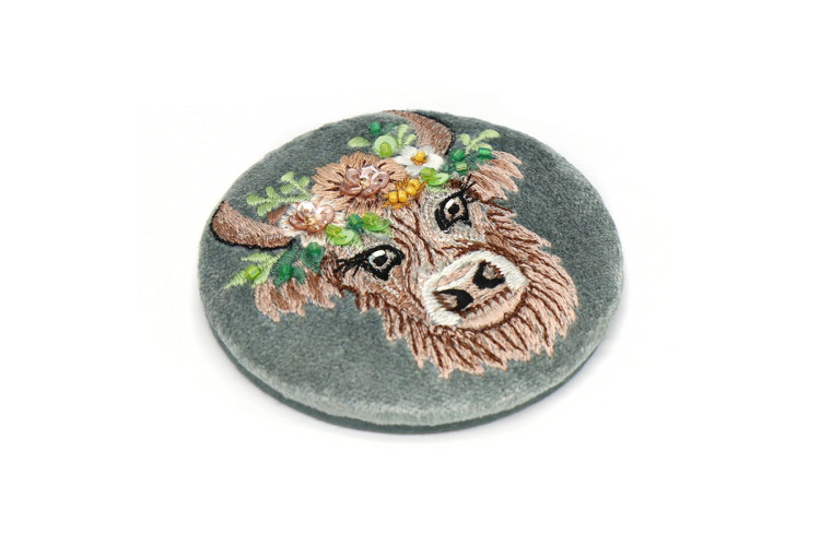 Seafoam highland cow embroidered velvet compact mirror