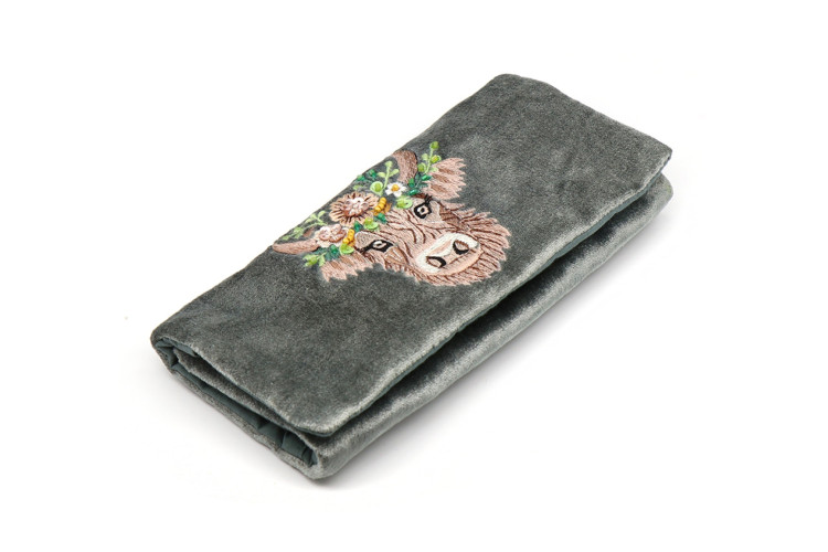 Seafoam highland cow embroidered velvet jewellery roll