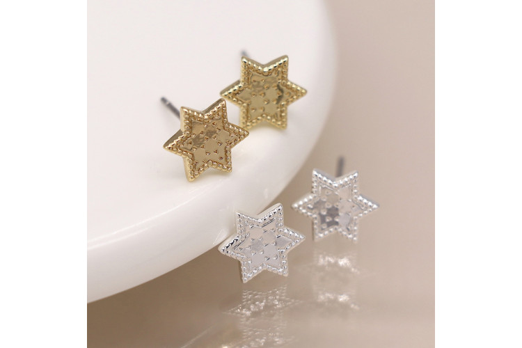 Silver plated and golden textured star stud earrings