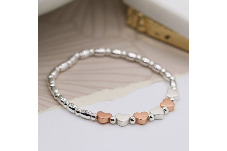 Silver plated and rose gold matt hearts bracelet