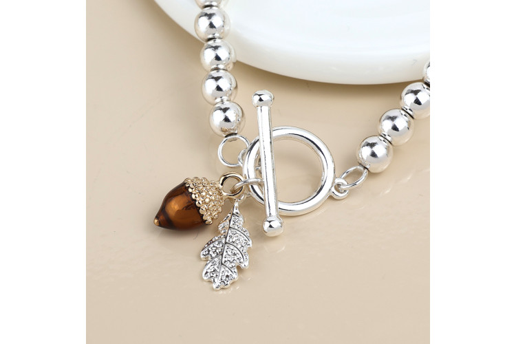 Silver plated bead, oak leaf and acorn charm bracelet