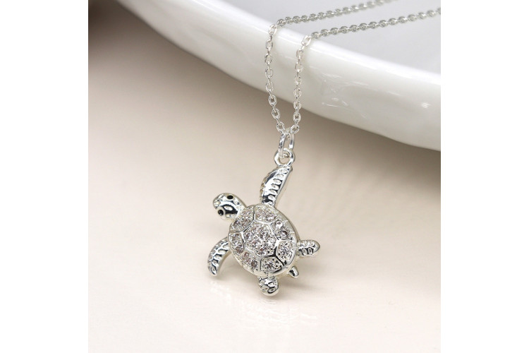 Silver Plated Crystal Turtle Necklace