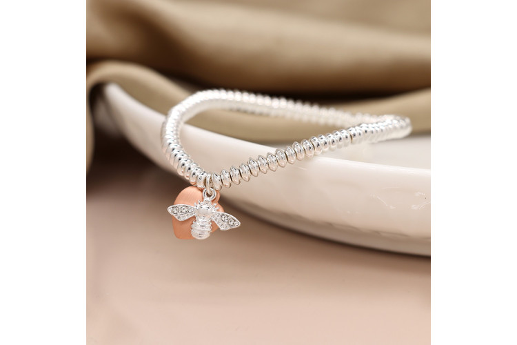 Silver plated fine bead bracelet with rose gold heart and bee