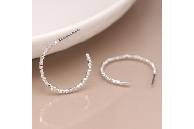 Silver plated medium size cube bead hoop earrings